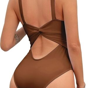 V-neck one piece swimsuit Brown Medium